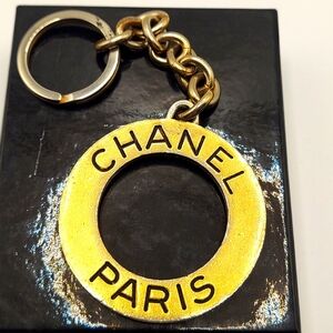 CHANEL Key Ring Bag Charm Logo Rogress Gold Plated Authentic Vintage.